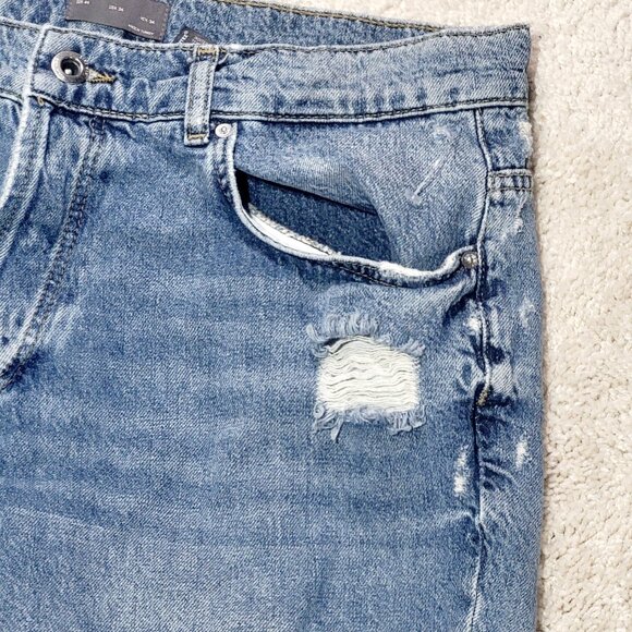 Zara Man Jeans Men 34 Blue Slim Tapered Distressed Embroidered Patchwork Denim - Picture 9 of 16